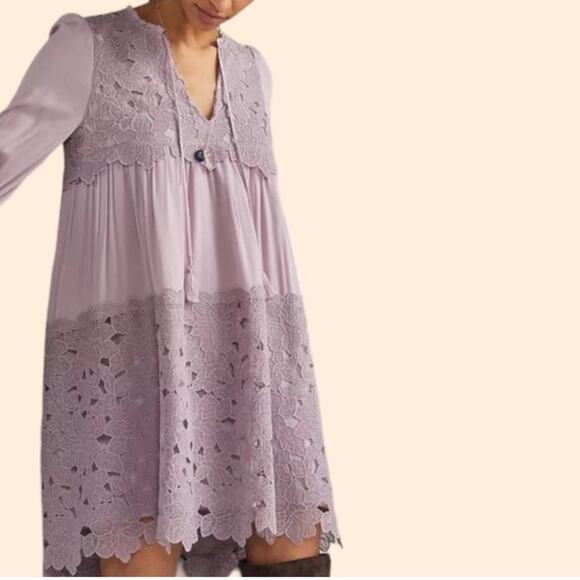 Anthropologie lilac lavender purple lace boho tassel tie neck long sleeve dress - Picture 1 of 13